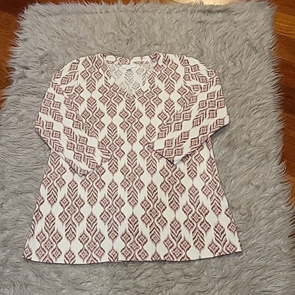 J jill pure jill womens cotton white and brown print vneck long sleeve shirt